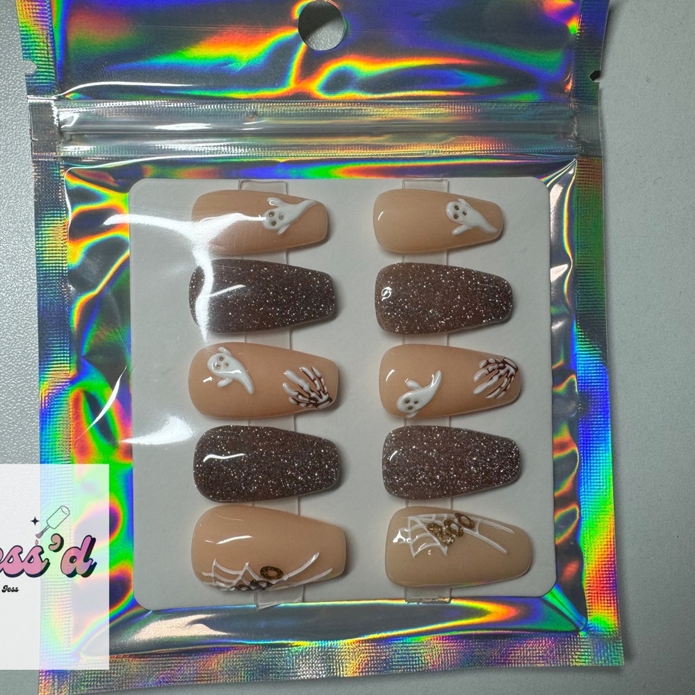 Nude and glitter ghost Halloween nails large